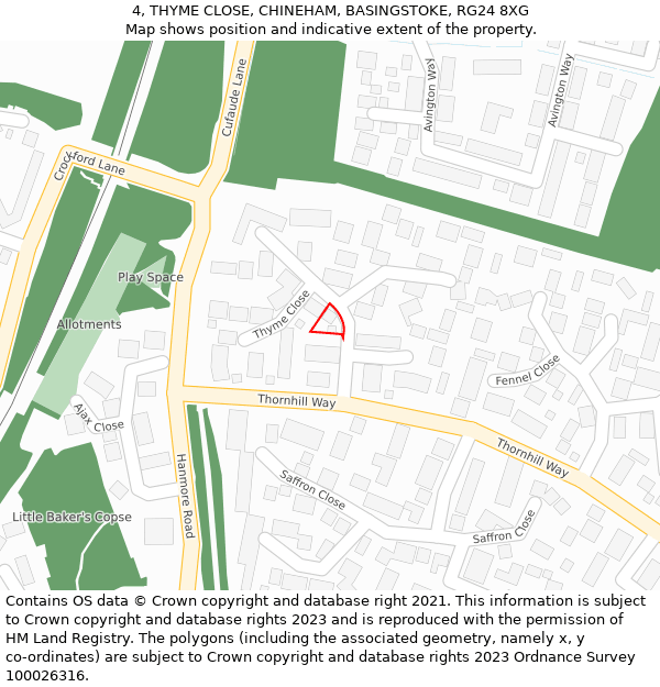 4, THYME CLOSE, CHINEHAM, BASINGSTOKE, RG24 8XG: Location map and indicative extent of plot