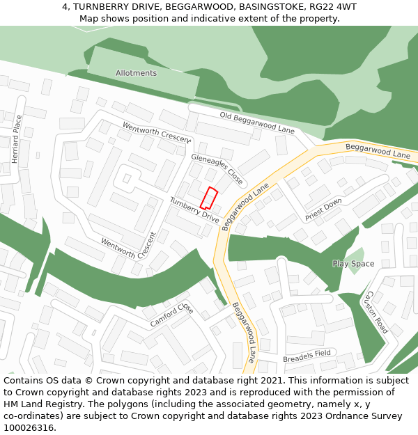 4, TURNBERRY DRIVE, BEGGARWOOD, BASINGSTOKE, RG22 4WT: Location map and indicative extent of plot