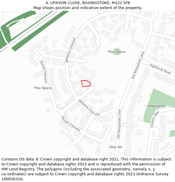 4, UPAVON CLOSE, BASINGSTOKE, RG22 5FB: Location map and indicative extent of plot