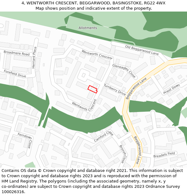 4, WENTWORTH CRESCENT, BEGGARWOOD, BASINGSTOKE, RG22 4WX: Location map and indicative extent of plot