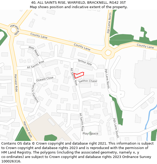 40, ALL SAINTS RISE, WARFIELD, BRACKNELL, RG42 3ST: Location map and indicative extent of plot