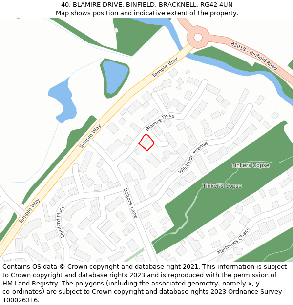 40, BLAMIRE DRIVE, BINFIELD, BRACKNELL, RG42 4UN: Location map and indicative extent of plot