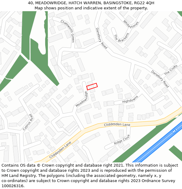 40, MEADOWRIDGE, HATCH WARREN, BASINGSTOKE, RG22 4QH: Location map and indicative extent of plot