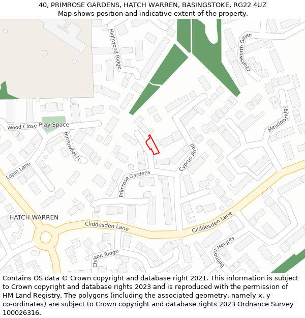 40, PRIMROSE GARDENS, HATCH WARREN, BASINGSTOKE, RG22 4UZ: Location map and indicative extent of plot