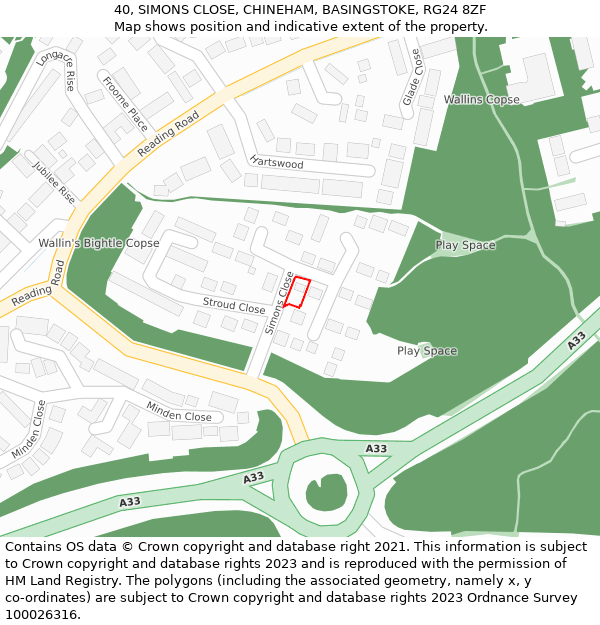 40, SIMONS CLOSE, CHINEHAM, BASINGSTOKE, RG24 8ZF: Location map and indicative extent of plot