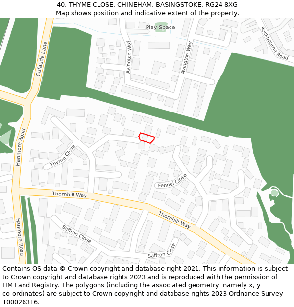 40, THYME CLOSE, CHINEHAM, BASINGSTOKE, RG24 8XG: Location map and indicative extent of plot