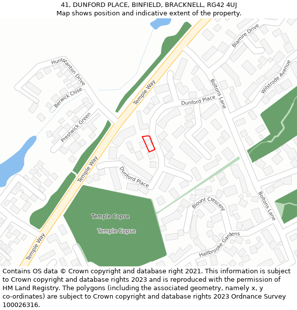 41, DUNFORD PLACE, BINFIELD, BRACKNELL, RG42 4UJ: Location map and indicative extent of plot