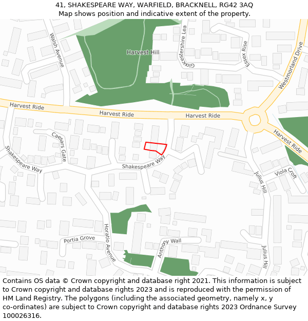 41, SHAKESPEARE WAY, WARFIELD, BRACKNELL, RG42 3AQ: Location map and indicative extent of plot