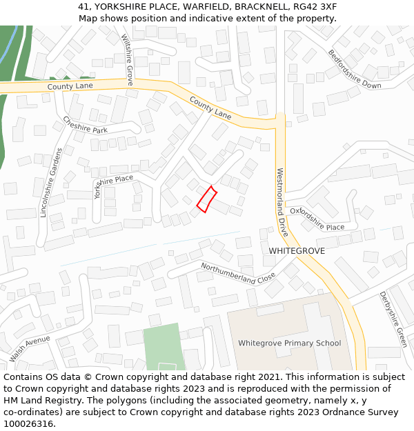 41, YORKSHIRE PLACE, WARFIELD, BRACKNELL, RG42 3XF: Location map and indicative extent of plot