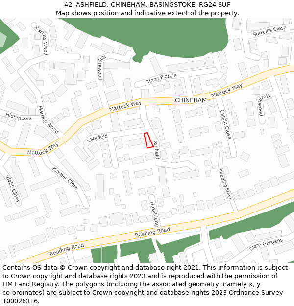 42, ASHFIELD, CHINEHAM, BASINGSTOKE, RG24 8UF: Location map and indicative extent of plot