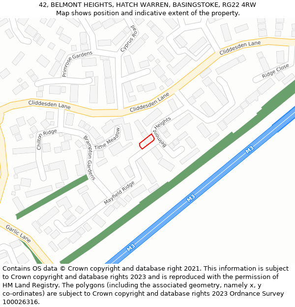 42, BELMONT HEIGHTS, HATCH WARREN, BASINGSTOKE, RG22 4RW: Location map and indicative extent of plot