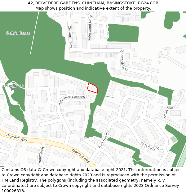 42, BELVEDERE GARDENS, CHINEHAM, BASINGSTOKE, RG24 8GB: Location map and indicative extent of plot