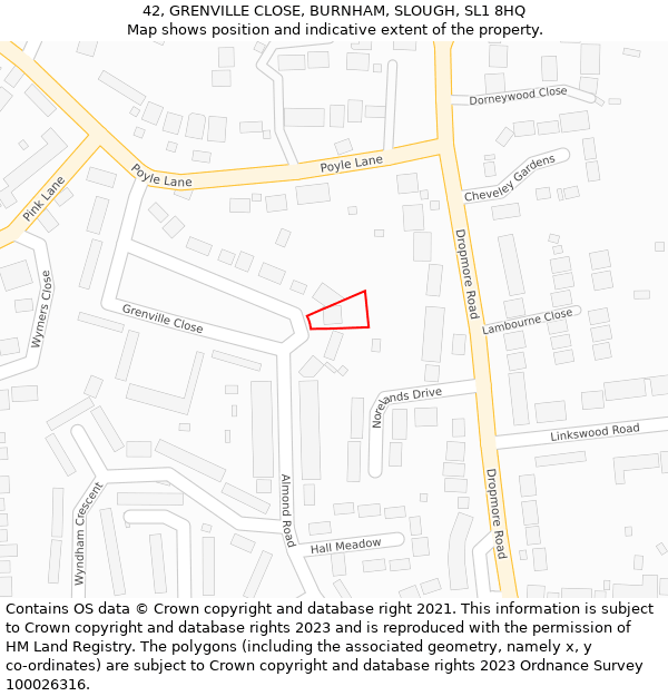 42, GRENVILLE CLOSE, BURNHAM, SLOUGH, SL1 8HQ: Location map and indicative extent of plot