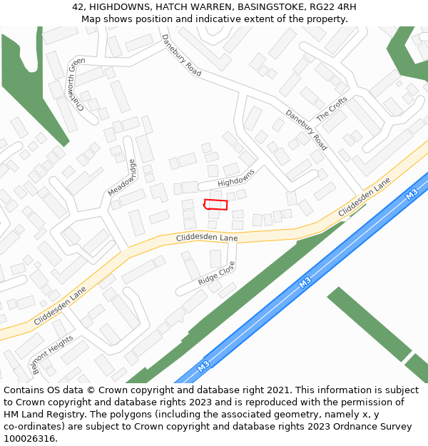 42, HIGHDOWNS, HATCH WARREN, BASINGSTOKE, RG22 4RH: Location map and indicative extent of plot