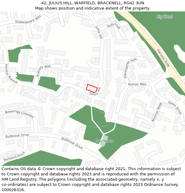 42, JULIUS HILL, WARFIELD, BRACKNELL, RG42 3UN: Location map and indicative extent of plot