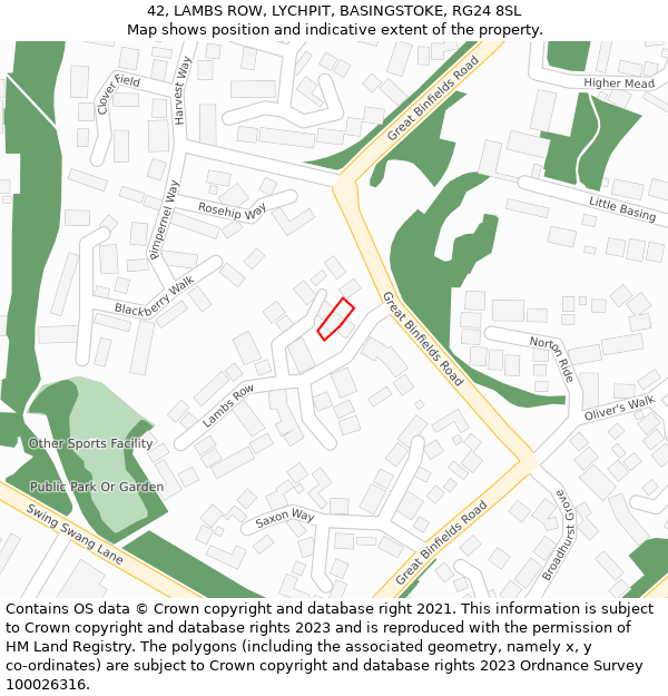 42, LAMBS ROW, LYCHPIT, BASINGSTOKE, RG24 8SL: Location map and indicative extent of plot