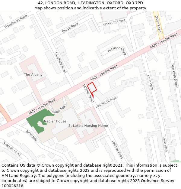 42, LONDON ROAD, HEADINGTON, OXFORD, OX3 7PD: Location map and indicative extent of plot