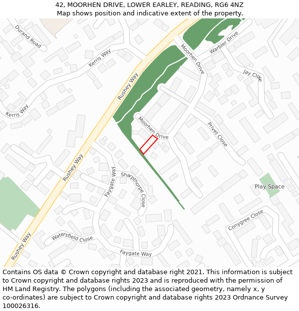 42, MOORHEN DRIVE, LOWER EARLEY, READING, RG6 4NZ: Location map and indicative extent of plot