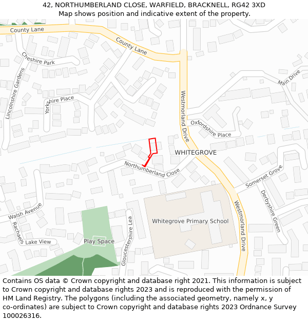 42, NORTHUMBERLAND CLOSE, WARFIELD, BRACKNELL, RG42 3XD: Location map and indicative extent of plot