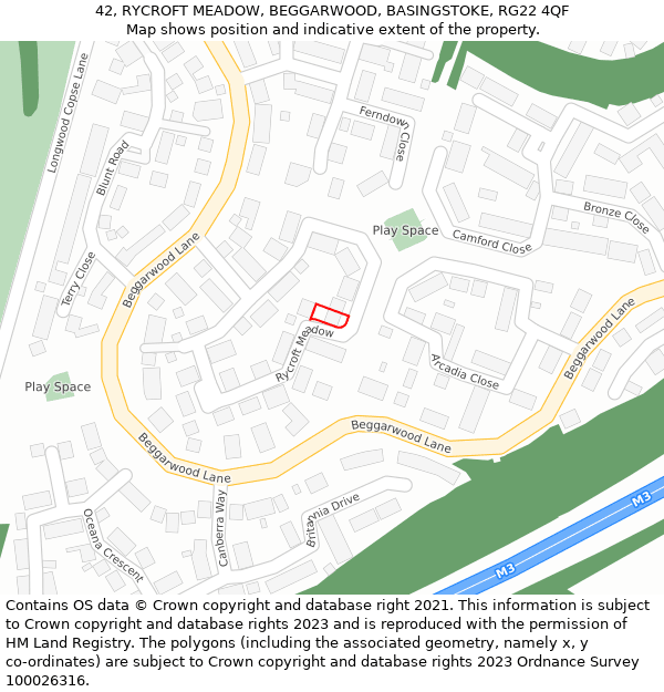 42, RYCROFT MEADOW, BEGGARWOOD, BASINGSTOKE, RG22 4QF: Location map and indicative extent of plot