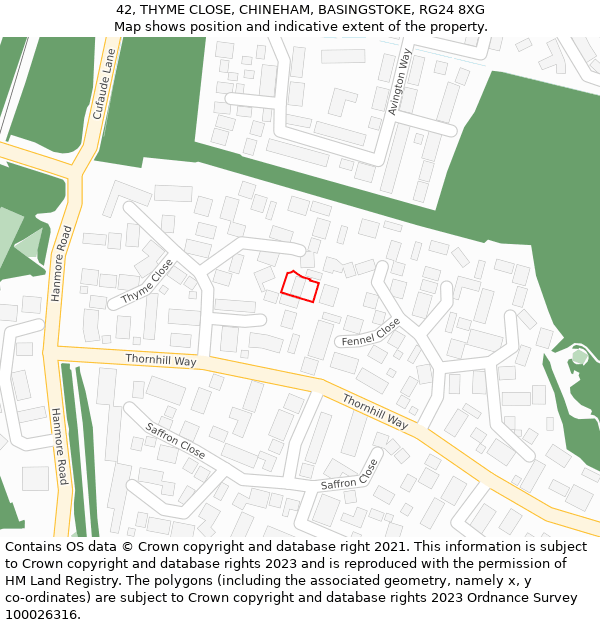 42, THYME CLOSE, CHINEHAM, BASINGSTOKE, RG24 8XG: Location map and indicative extent of plot