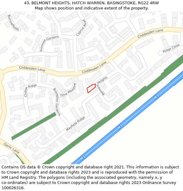 43, BELMONT HEIGHTS, HATCH WARREN, BASINGSTOKE, RG22 4RW: Location map and indicative extent of plot