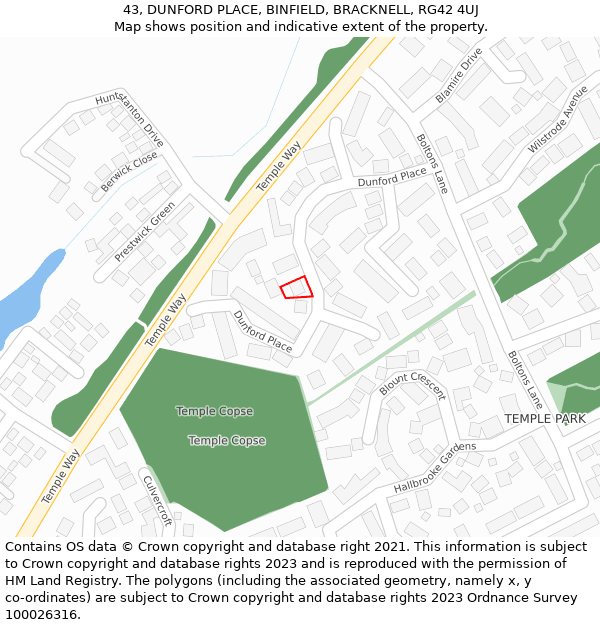 43, DUNFORD PLACE, BINFIELD, BRACKNELL, RG42 4UJ: Location map and indicative extent of plot