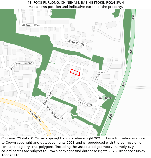 43, FOXS FURLONG, CHINEHAM, BASINGSTOKE, RG24 8WN: Location map and indicative extent of plot