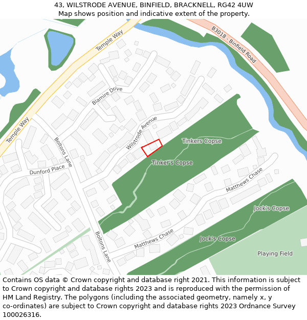 43, WILSTRODE AVENUE, BINFIELD, BRACKNELL, RG42 4UW: Location map and indicative extent of plot