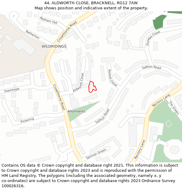 44, ALDWORTH CLOSE, BRACKNELL, RG12 7AW: Location map and indicative extent of plot