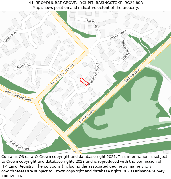 44, BROADHURST GROVE, LYCHPIT, BASINGSTOKE, RG24 8SB: Location map and indicative extent of plot