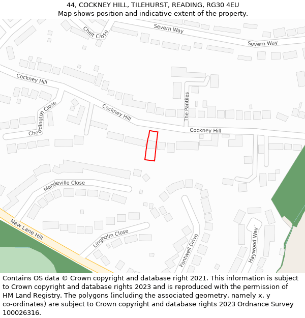 44, COCKNEY HILL, TILEHURST, READING, RG30 4EU: Location map and indicative extent of plot