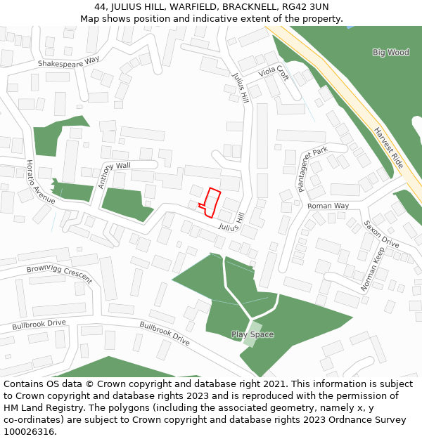 44, JULIUS HILL, WARFIELD, BRACKNELL, RG42 3UN: Location map and indicative extent of plot