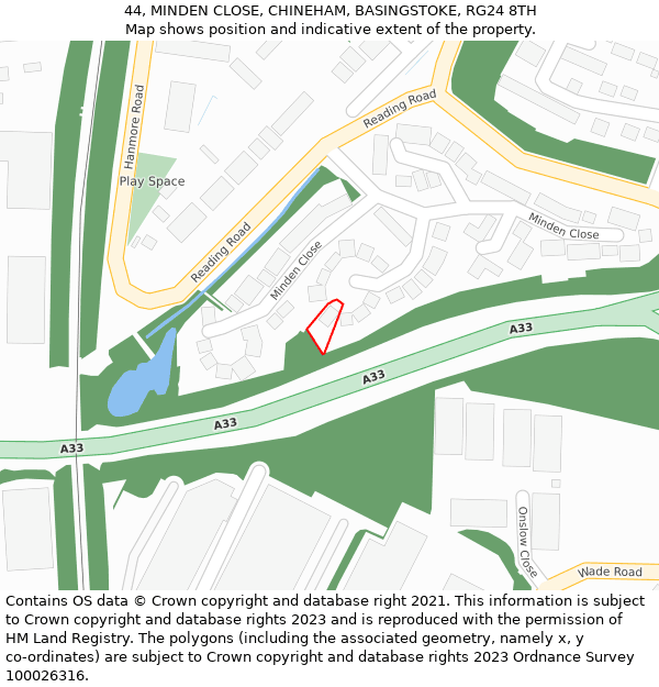 44, MINDEN CLOSE, CHINEHAM, BASINGSTOKE, RG24 8TH: Location map and indicative extent of plot