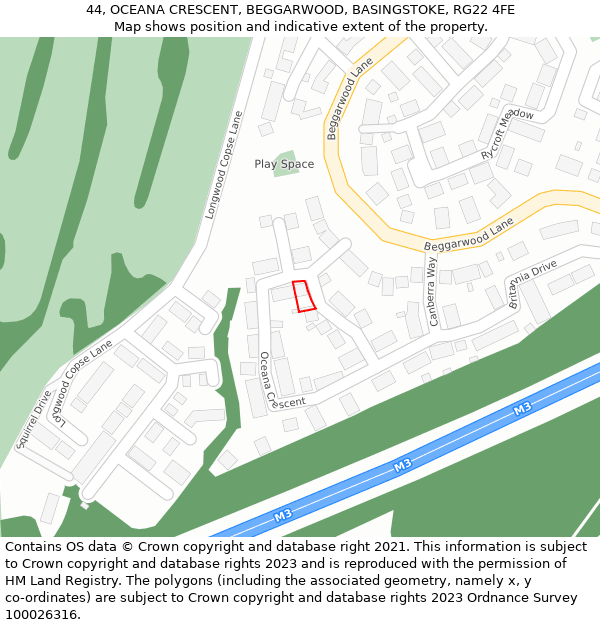 44, OCEANA CRESCENT, BEGGARWOOD, BASINGSTOKE, RG22 4FE: Location map and indicative extent of plot