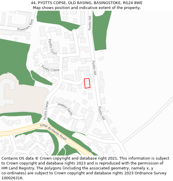 44, PYOTTS COPSE, OLD BASING, BASINGSTOKE, RG24 8WE: Location map and indicative extent of plot