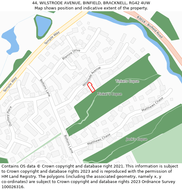 44, WILSTRODE AVENUE, BINFIELD, BRACKNELL, RG42 4UW: Location map and indicative extent of plot