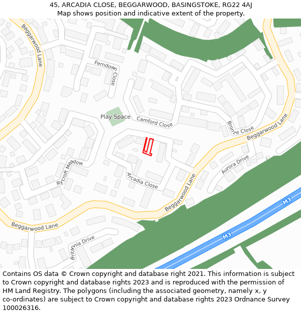 45, ARCADIA CLOSE, BEGGARWOOD, BASINGSTOKE, RG22 4AJ: Location map and indicative extent of plot