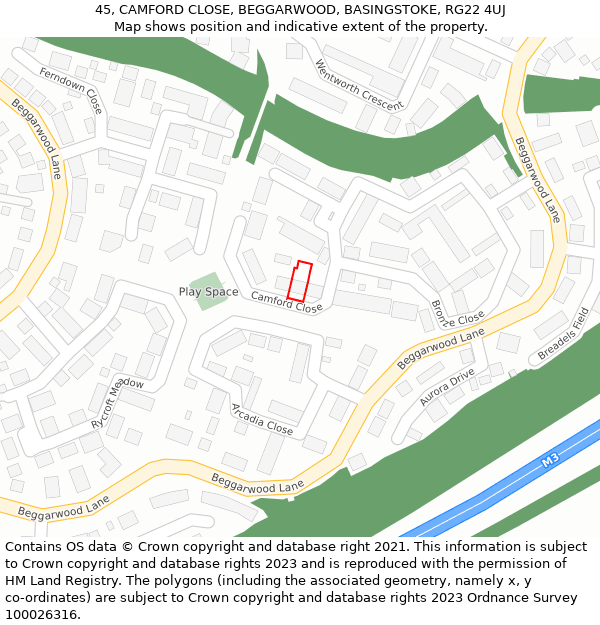 45, CAMFORD CLOSE, BEGGARWOOD, BASINGSTOKE, RG22 4UJ: Location map and indicative extent of plot