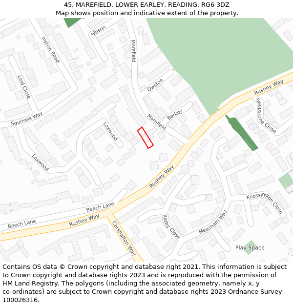 45, MAREFIELD, LOWER EARLEY, READING, RG6 3DZ: Location map and indicative extent of plot