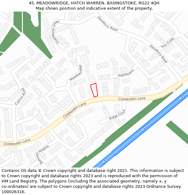 45, MEADOWRIDGE, HATCH WARREN, BASINGSTOKE, RG22 4QH: Location map and indicative extent of plot