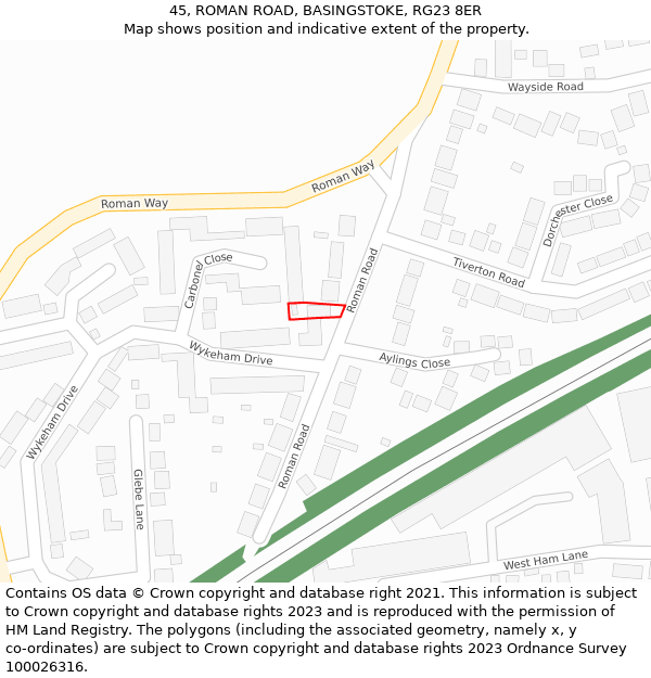 45, ROMAN ROAD, BASINGSTOKE, RG23 8ER: Location map and indicative extent of plot