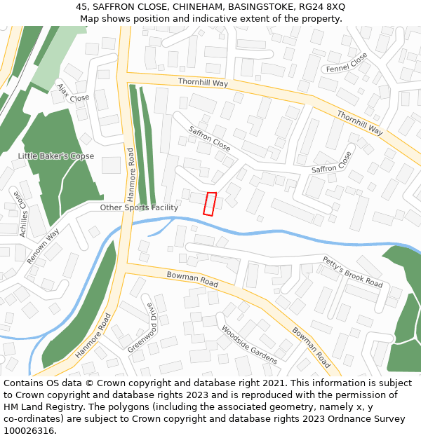 45, SAFFRON CLOSE, CHINEHAM, BASINGSTOKE, RG24 8XQ: Location map and indicative extent of plot