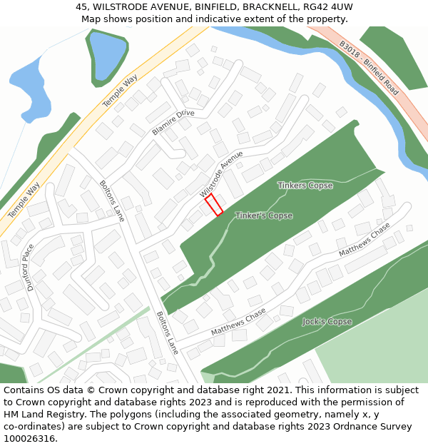 45, WILSTRODE AVENUE, BINFIELD, BRACKNELL, RG42 4UW: Location map and indicative extent of plot