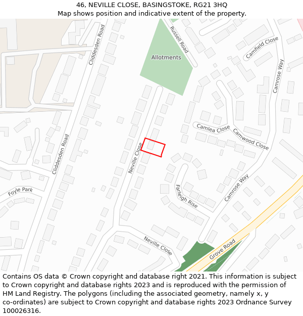 46, NEVILLE CLOSE, BASINGSTOKE, RG21 3HQ: Location map and indicative extent of plot