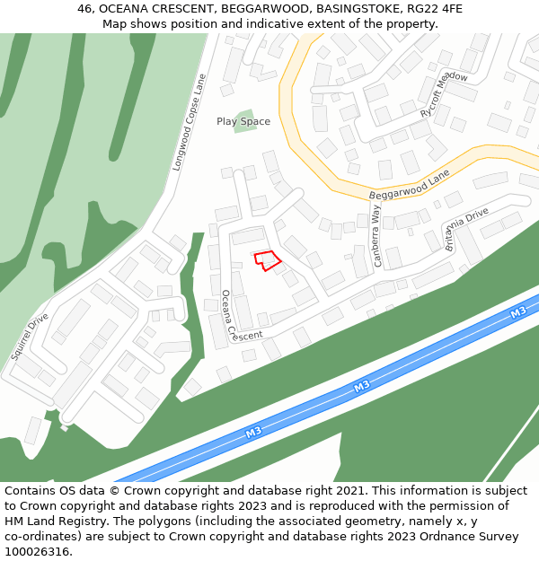 46, OCEANA CRESCENT, BEGGARWOOD, BASINGSTOKE, RG22 4FE: Location map and indicative extent of plot