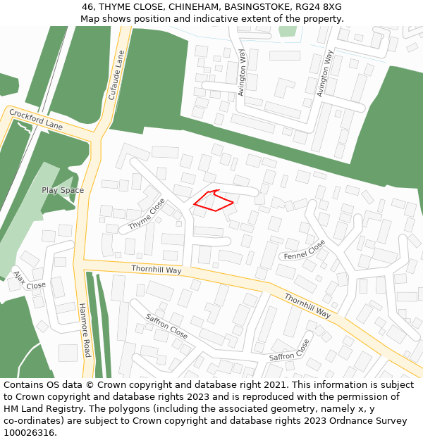 46, THYME CLOSE, CHINEHAM, BASINGSTOKE, RG24 8XG: Location map and indicative extent of plot