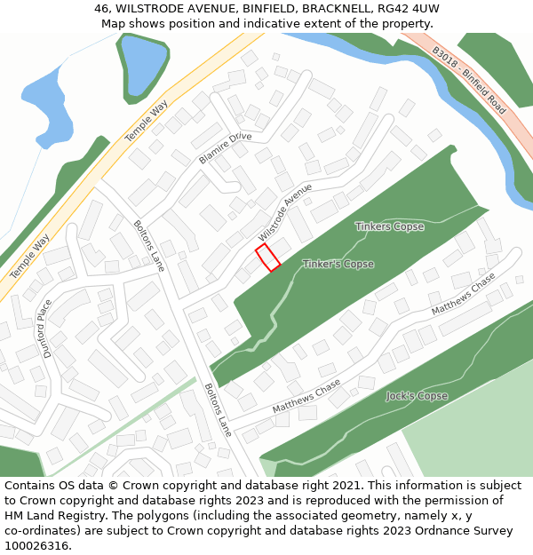 46, WILSTRODE AVENUE, BINFIELD, BRACKNELL, RG42 4UW: Location map and indicative extent of plot