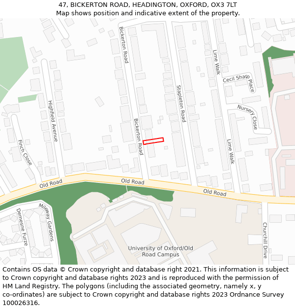 47, BICKERTON ROAD, HEADINGTON, OXFORD, OX3 7LT: Location map and indicative extent of plot