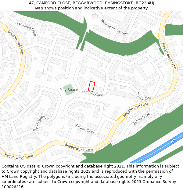 47, CAMFORD CLOSE, BEGGARWOOD, BASINGSTOKE, RG22 4UJ: Location map and indicative extent of plot